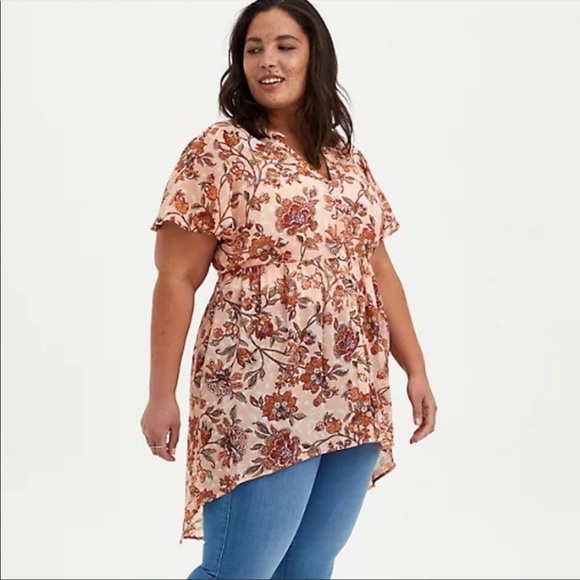 NWT Torrid Lexie Pink Floral Chiffon Tunic Blouse Top - Picture 2 of 6